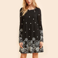 Printed A-Line Round Neck Long Sleeve Casual Dress