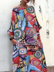 Printed cotton and linen Blend round collar maxi dresses