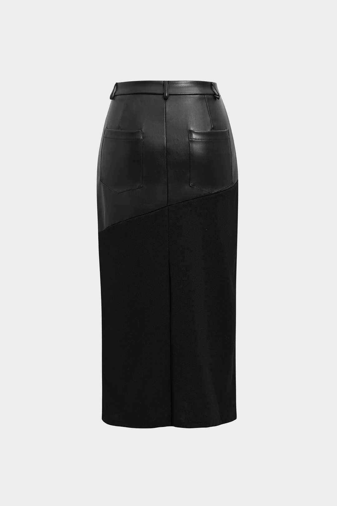 Leather Panel Back Slit Midi Skirt