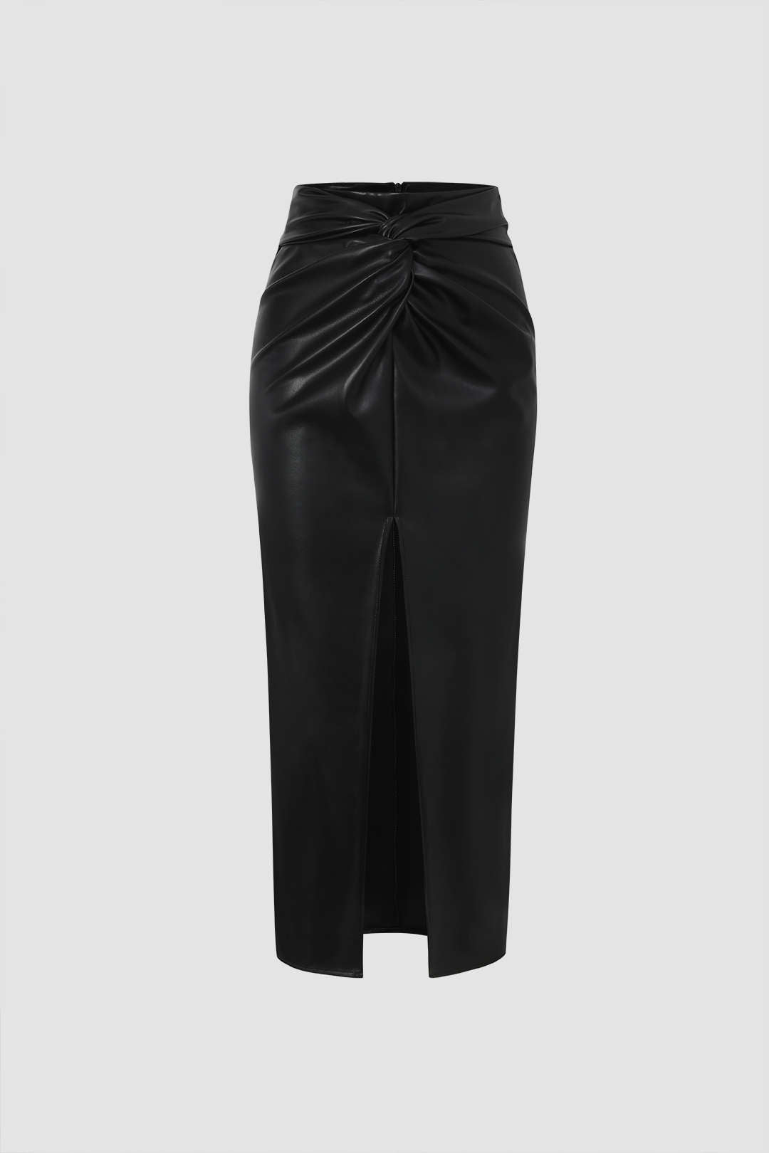 Faux Leather Twist Slit Midi Skirt