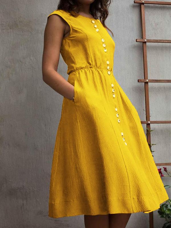 Plain button sleeveless skater dresses