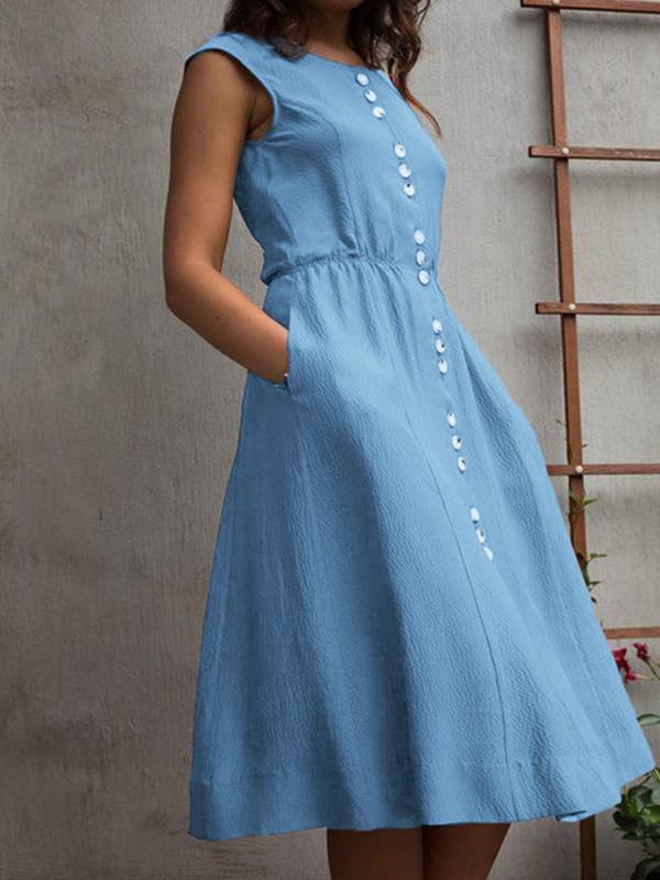 Plain button sleeveless skater dresses