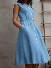 Plain button sleeveless skater dresses