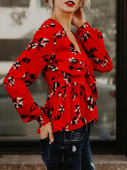 Printing Sashes Deep V Neck Long Sleeves Women's Blouses