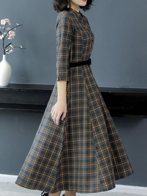Printing Plaids V-Neck Seven-Tenths Sleeves Maxi Dresses For Woman