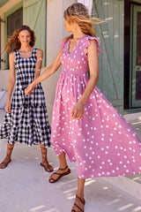 Radiant Ruby Pink Polka Dot Pleated Midi Dress