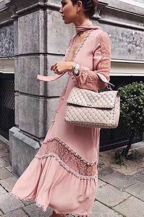 Pink Lace Irregular Hem Maxi Dress
