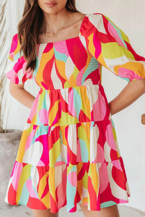 Feeling Bold Print Puff Sleeve Smocked Mini Dress