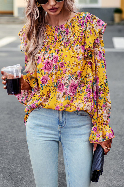 By The Garden Floral Print Long Sleeve Smocked Top