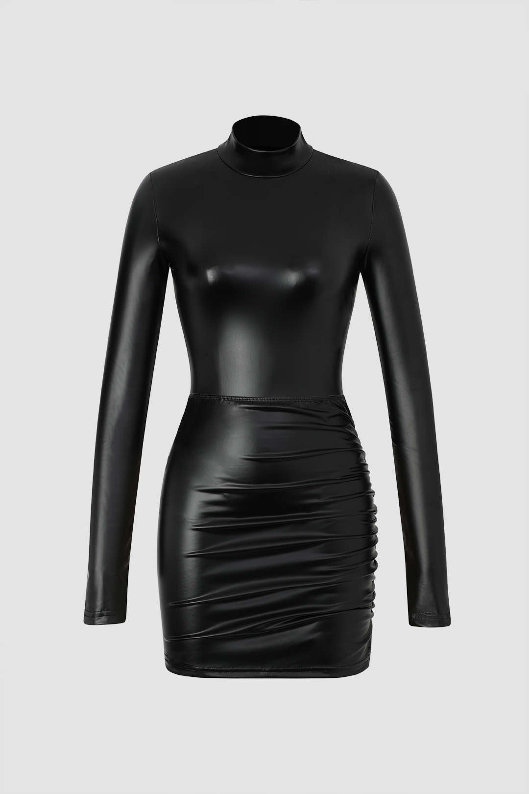 Faux Leather Long Sleeve Bodysuit And Ruched Mini Skirt Set