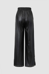 Faux Leather Side Stud Wide Leg Pants