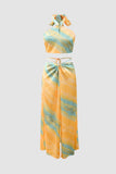 Abstract Print Satin Halter Cami And Tie Waist Skirt Set
