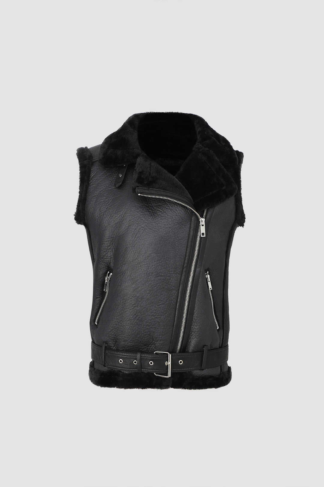 Faux Shearling Leather Belted Hem Vest