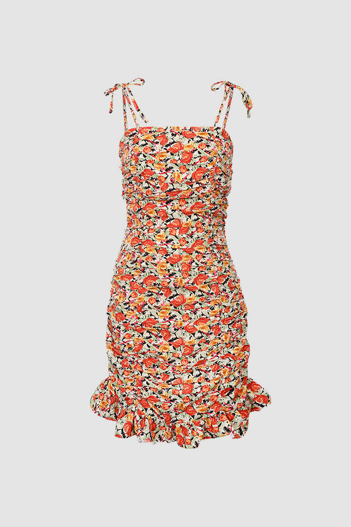 Floral Tie Strap Ruched Mini Dress