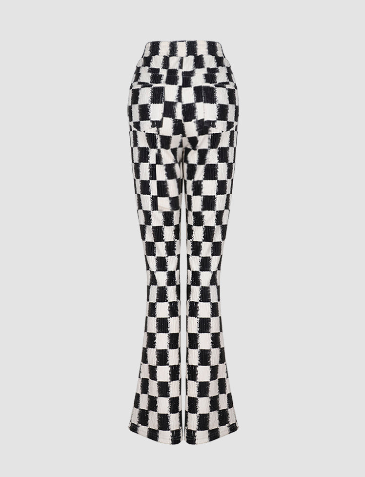 Retro Black&White Checkerboard Slit Flared Trousers