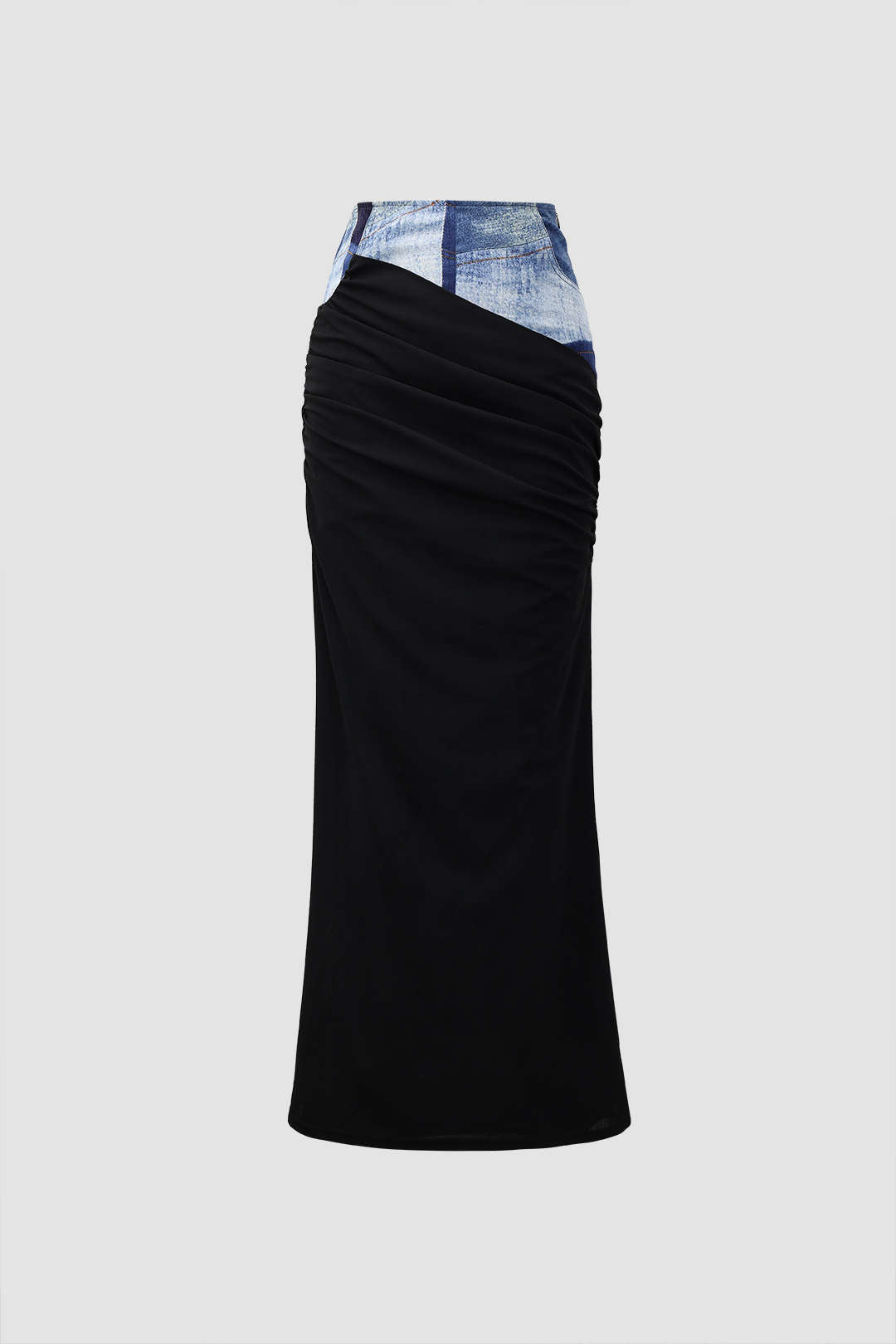 Jersey Panel Denim Maxi Skirt