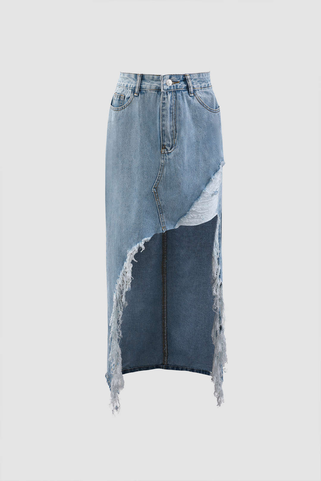Asymmetrical Raw Edge Denim Skirt