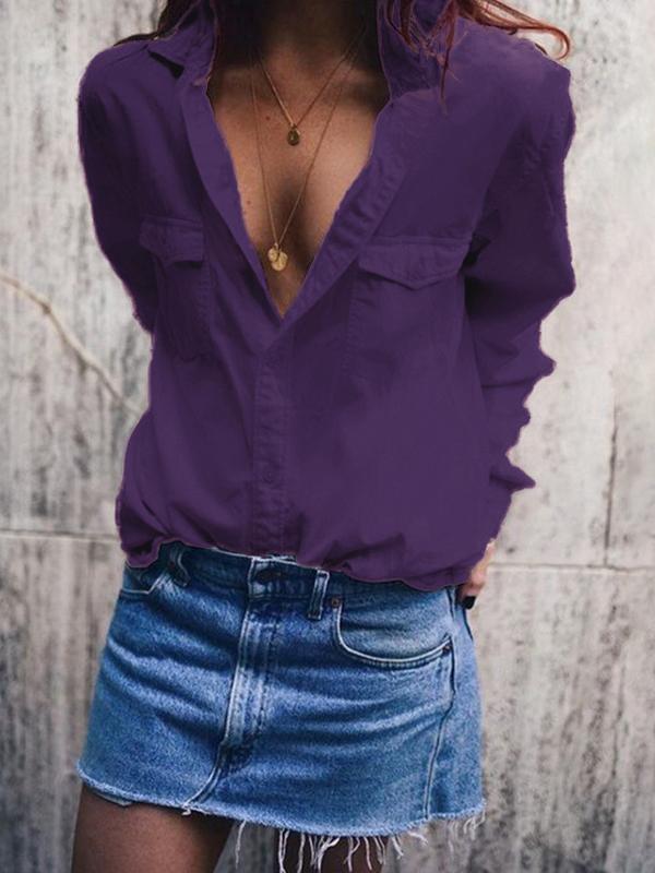 Plain Loose Casual Long Sleeve Women Pocket Blouse