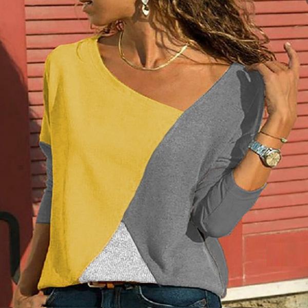 Plus Size Stitching Color Matching Round Collar Long Sleeve Casual T-shirt