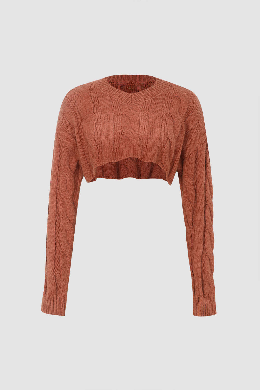 Curved Hem Cropped Cable Knit Sweater