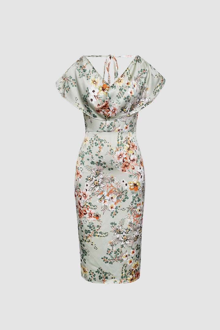 Floral Satin Layer Shoudler Midi Dress