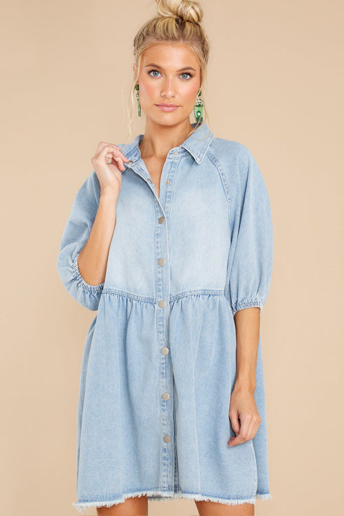 Simply The Love Denim Puff Sleeve Babydoll Mini Dress