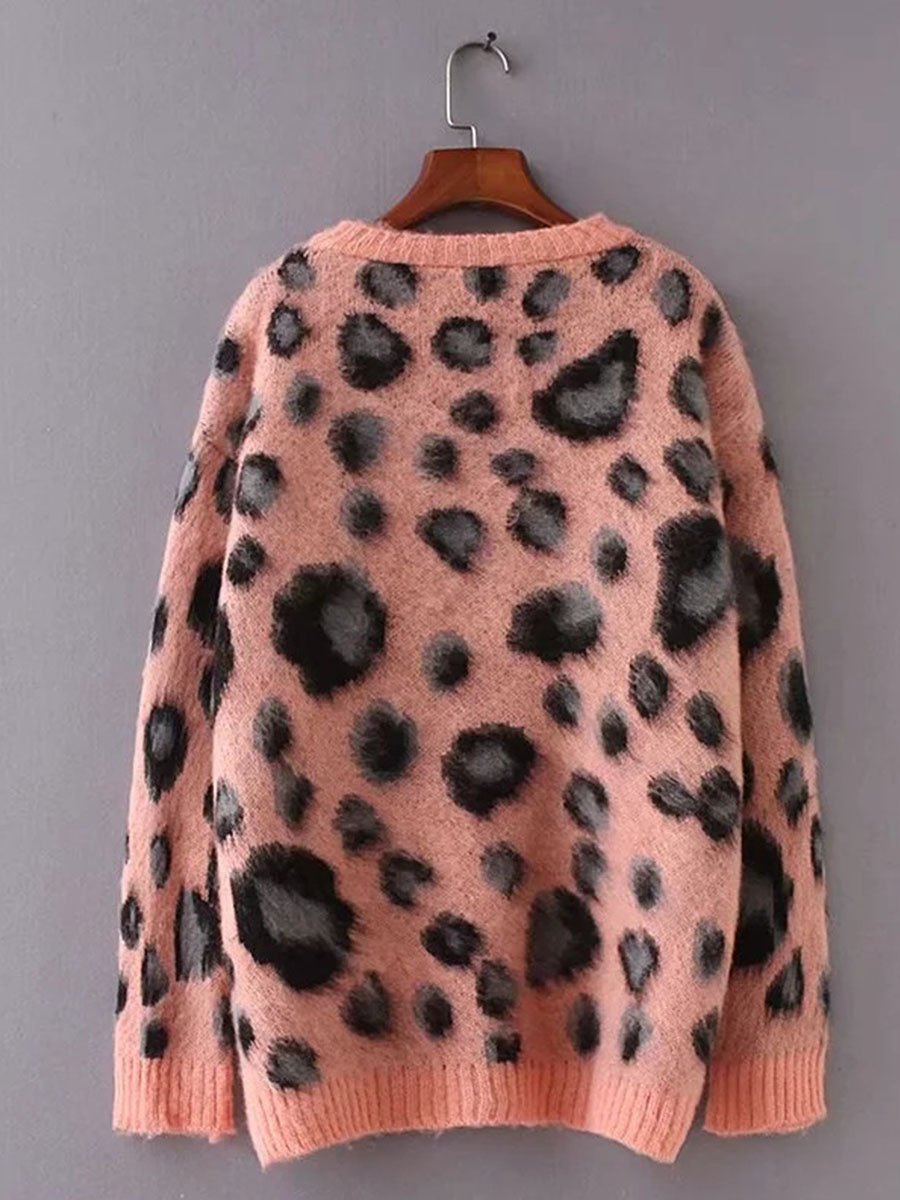 Pink Leopard Print Style Long Sleeve Woman Sweater