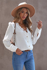 Reach Out Lace Ruffled Button Up Top
