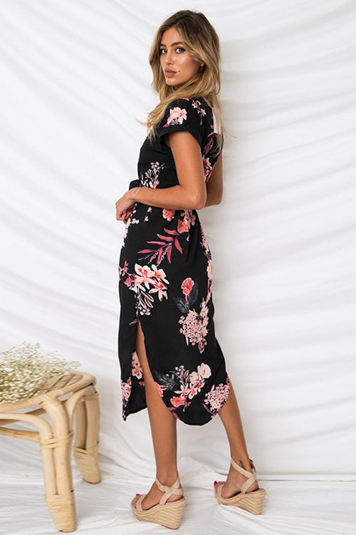 Split-neck Floral Print Midi Dress