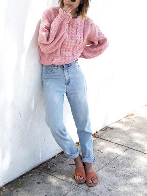 Pink Round Neck Long Sleeve Sweater