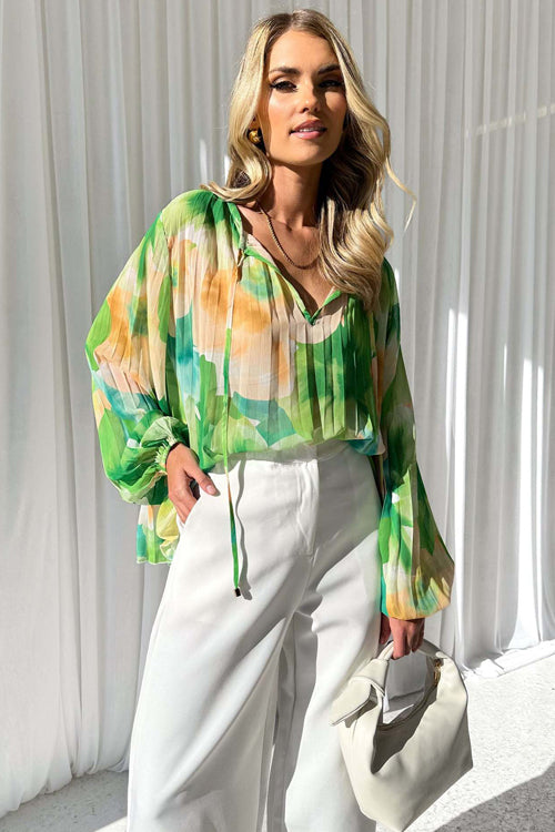 Time To Celebrate Print Pleated Long Sleeve Top