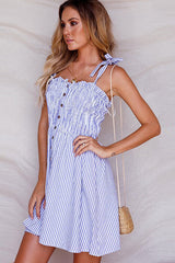 Blue Stripe Pleated Button Mini Dress