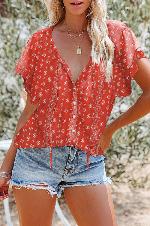 Blissful Getaway Floral Print Button-Up Top
