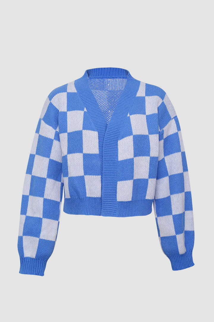Checkerboard Pattern Knitted Cardigan