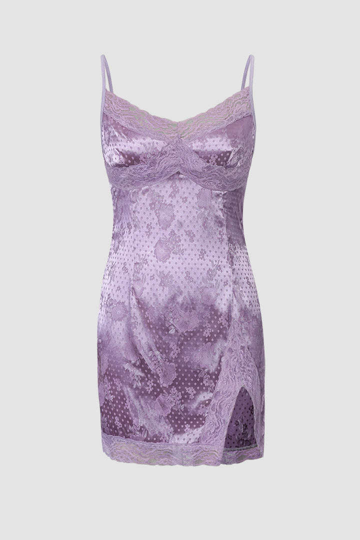 Jacquard Satin Lace Detail Split Mini Dress