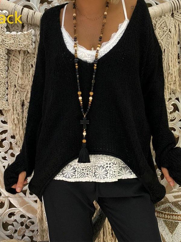 Plus Size V Neck with Gloves Knitted Irregular Long Sleeve Sweater