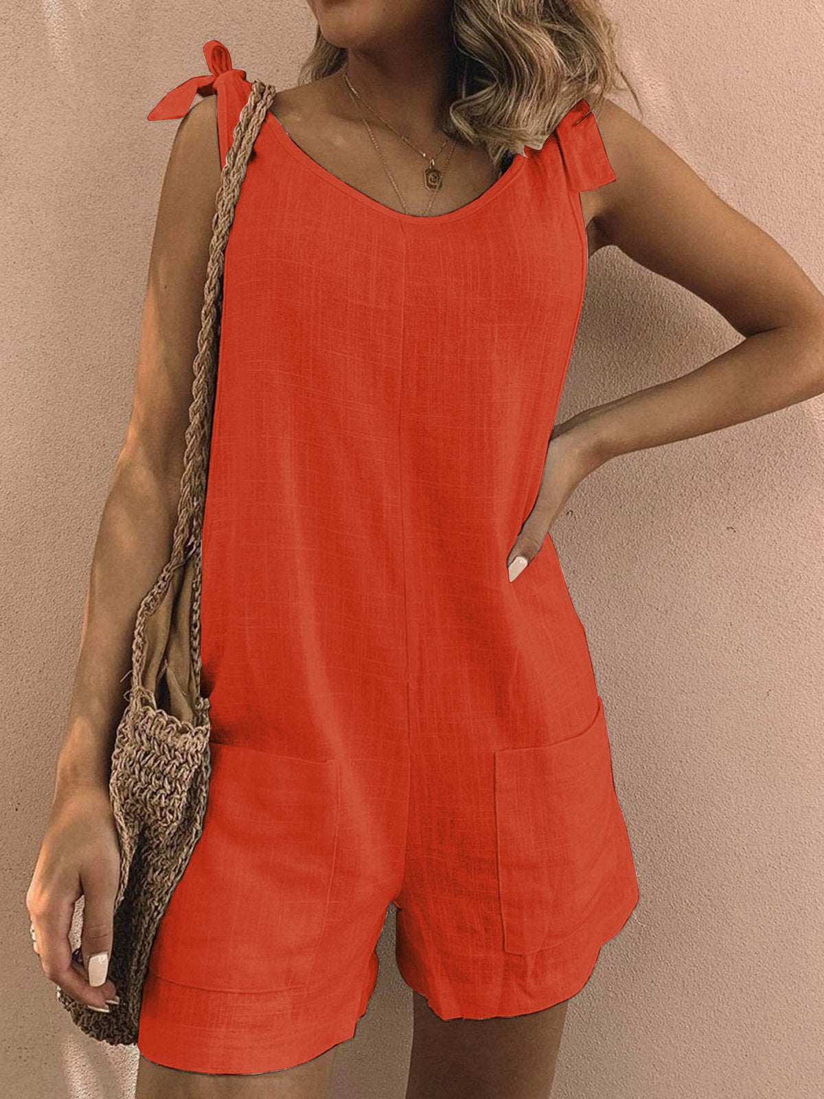 Pockets Sleeveless Casual Linen Rompers