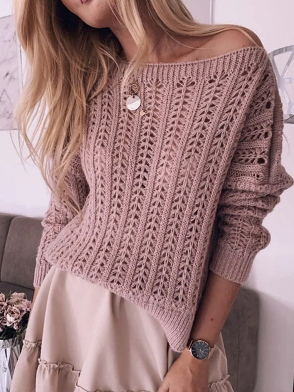 Pure Color Elegant Hollow Strapless Sexy Knitted Sweaters