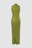 High Neck Sleeveless Slit Midi Dress