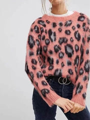 Pink Leopard Print Style Long Sleeve Woman Sweater