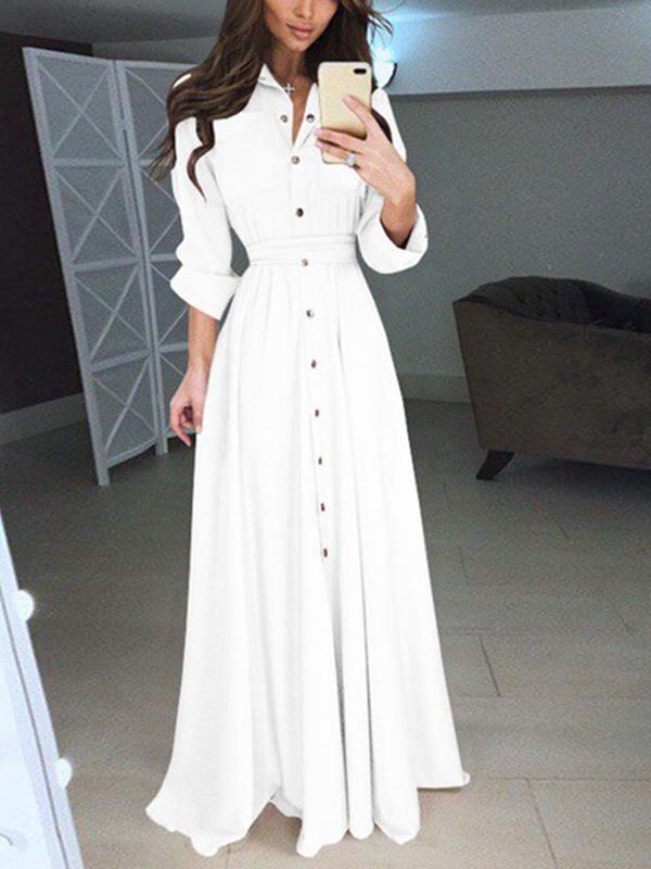 Plus Size Solid Woman Long Sleeve Button Tie Long Maxi Dresses