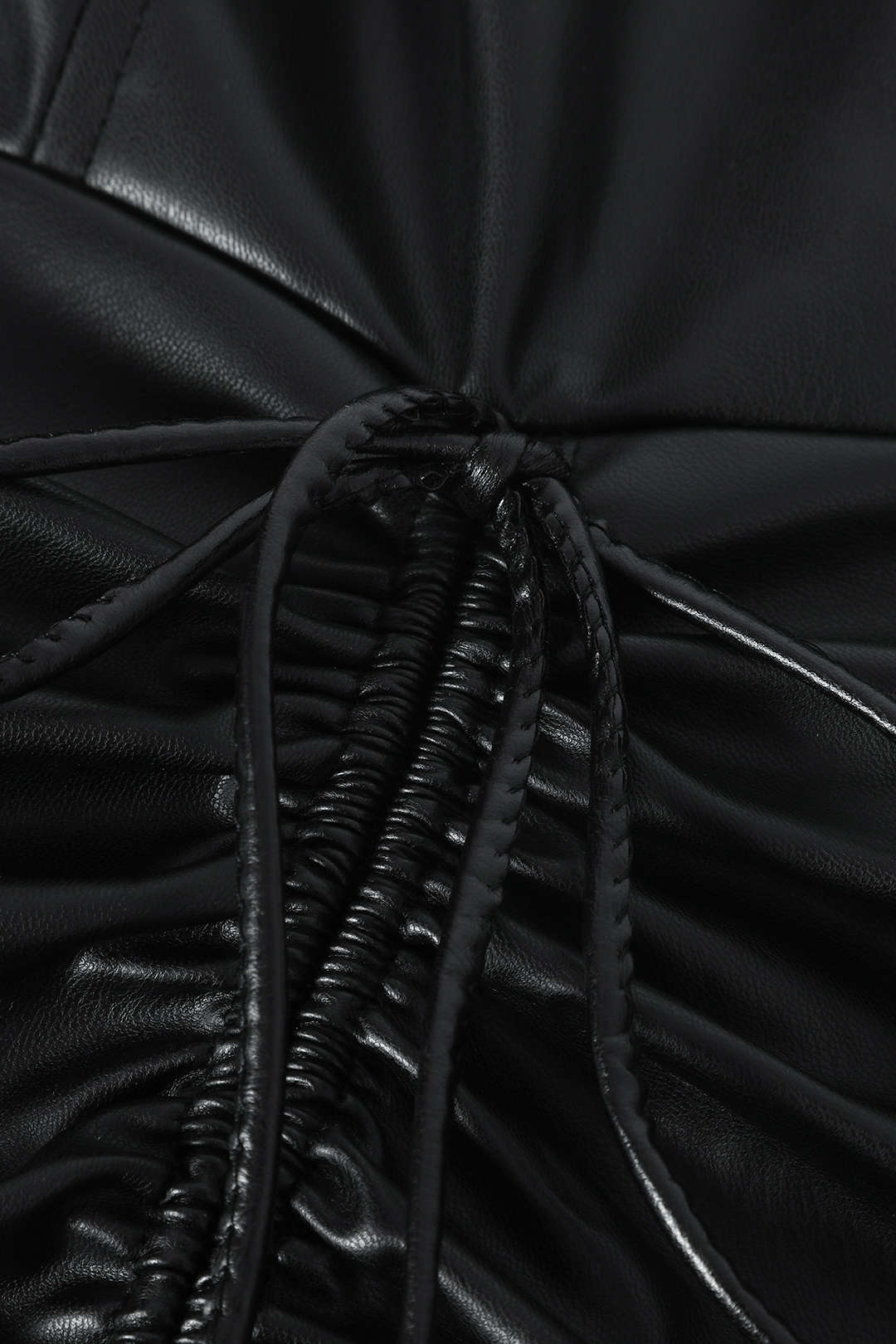 Leather Drawstring Ruched Slit Strapless Midi Dress