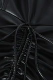 Leather Drawstring Ruched Slit Strapless Midi Dress