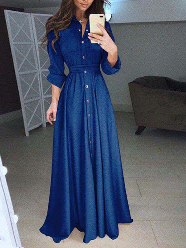 Plus Size Solid Woman Long Sleeve Button Tie Long Maxi Dresses