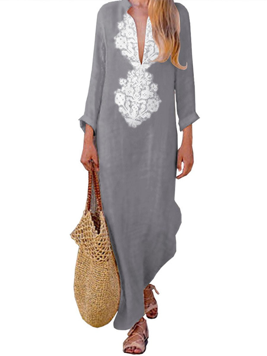 Plus Size Cotton Linen Long Sleeve Solid Loose V Neck Boho Long Dress Casual Dress Maxi Dress For Woman