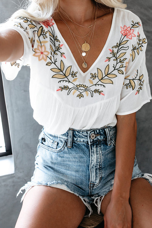 After Your Heart Floral Embroidered Short Sleeve Top