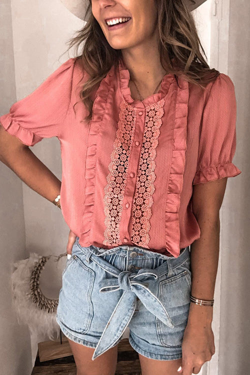 Patio Date Lace Ruffled Short Sleeve Top