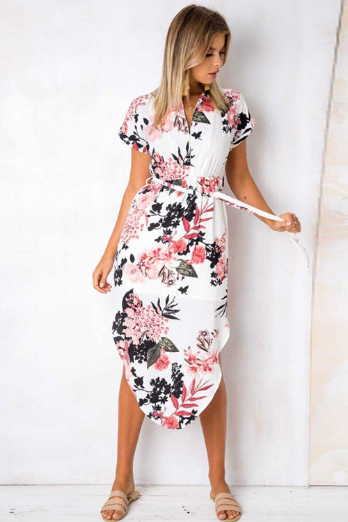 Split-neck Floral Print Midi Dress