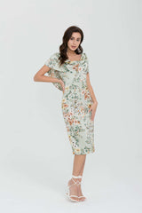 Floral Satin Layer Shoudler Midi Dress