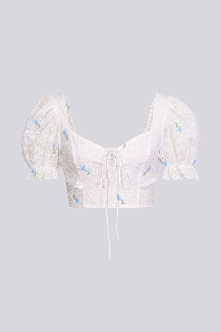 Embroidery Tie Front Lace Crop Top